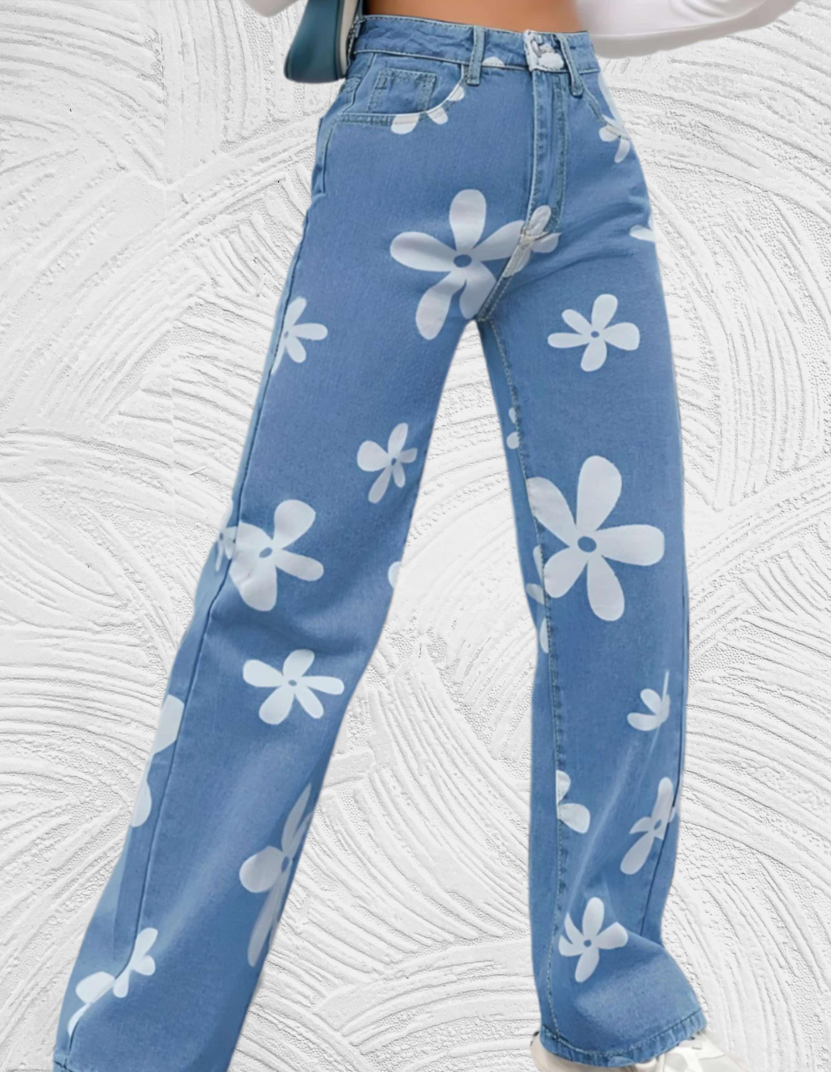 Frea - Denim jeans met hoge taille wijde pijpen met print van witte bloemen - Miller-Mode